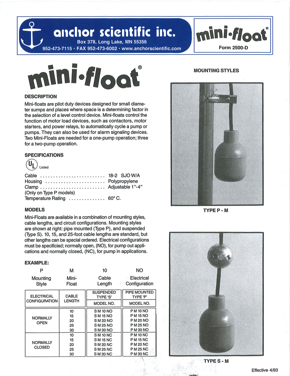 Anchor Scientific MiniFloat Normally Open Technical Sales Corporation