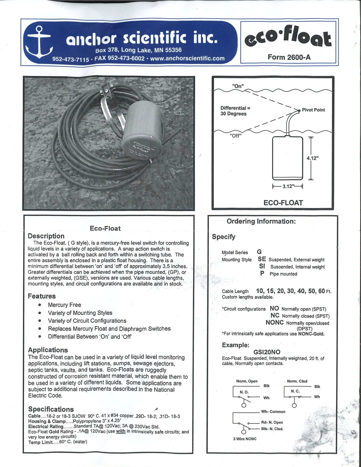 Anchor Scientific Eco-Float GSE30NONC 3 Wire 30ft Normal Open Float Switch