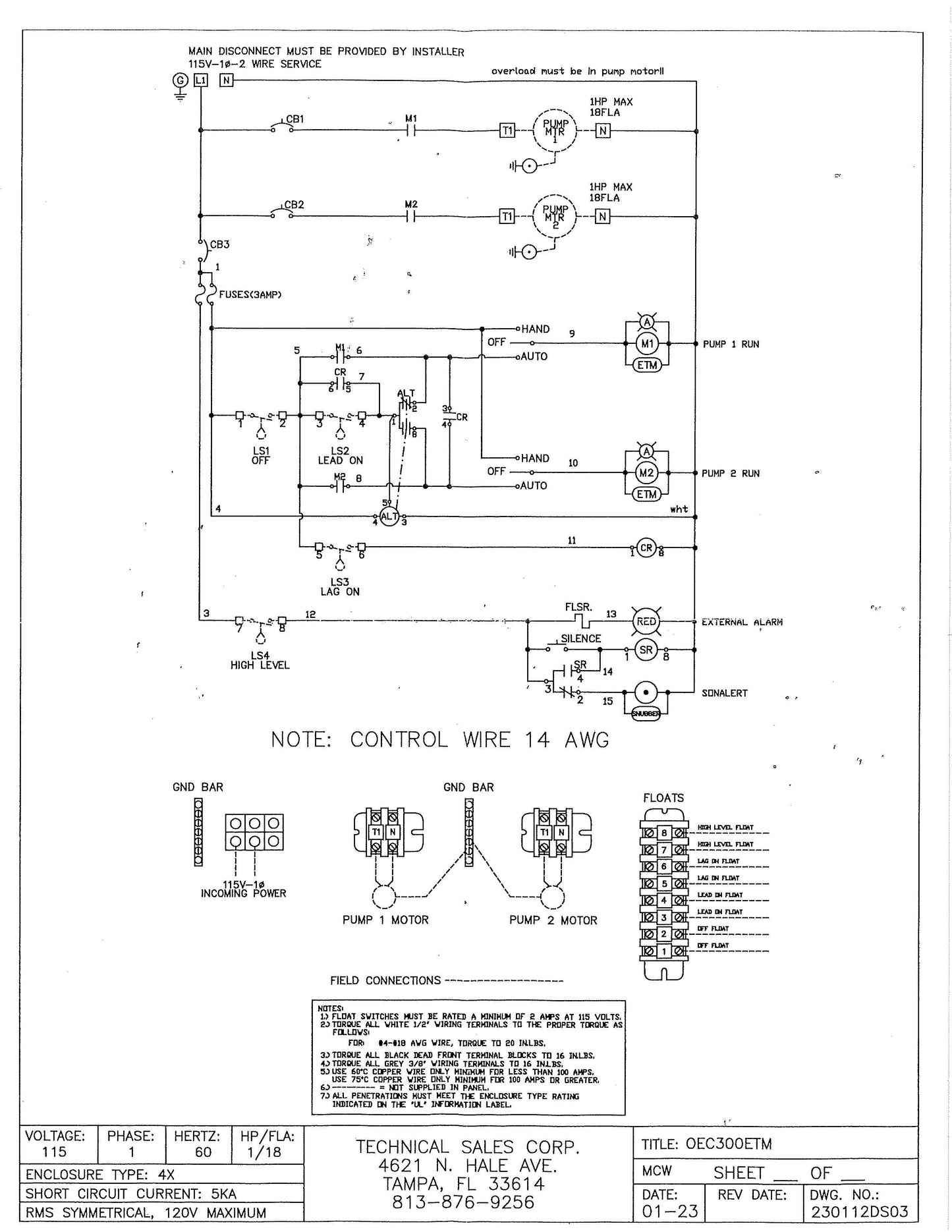 1HP 115V 1Phase Duplex Pump Station Control Panel OEC300ETM