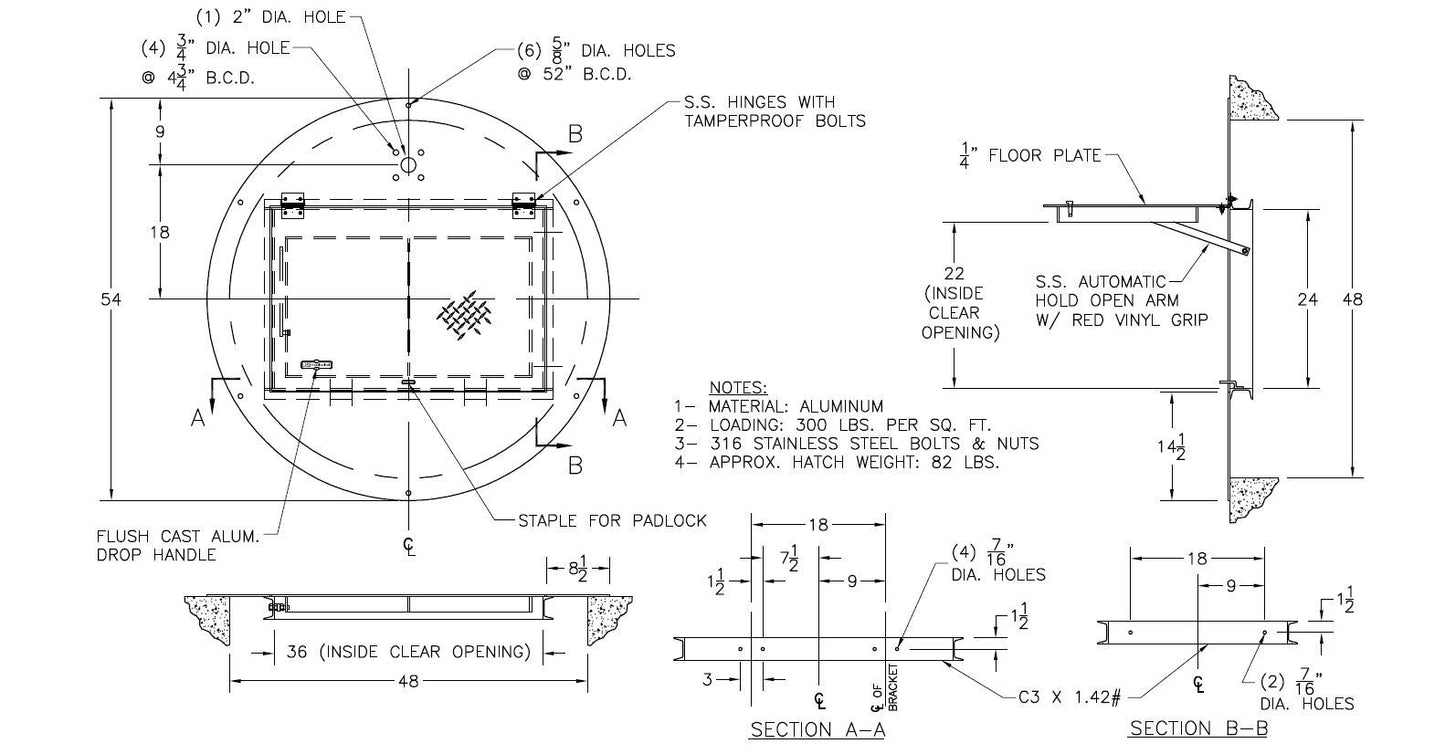 54" Round Cover w/ 24x36 Hatch For 48" Basin Round Hatch