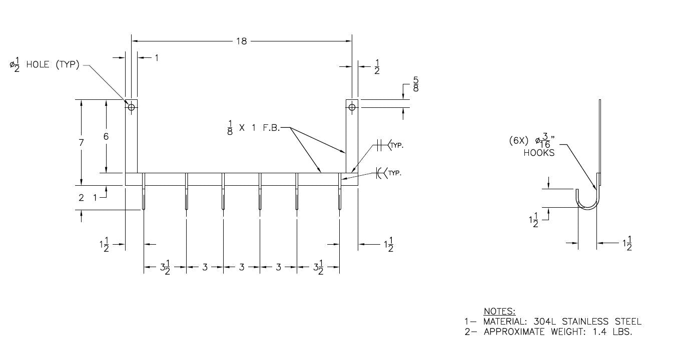 Stainless Steel 18" 6 Hook Float Switch Cable Hanger